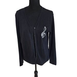 ULTRA CLUB Womens Black Button Front Cardigan with Embroidered Music Note Medium